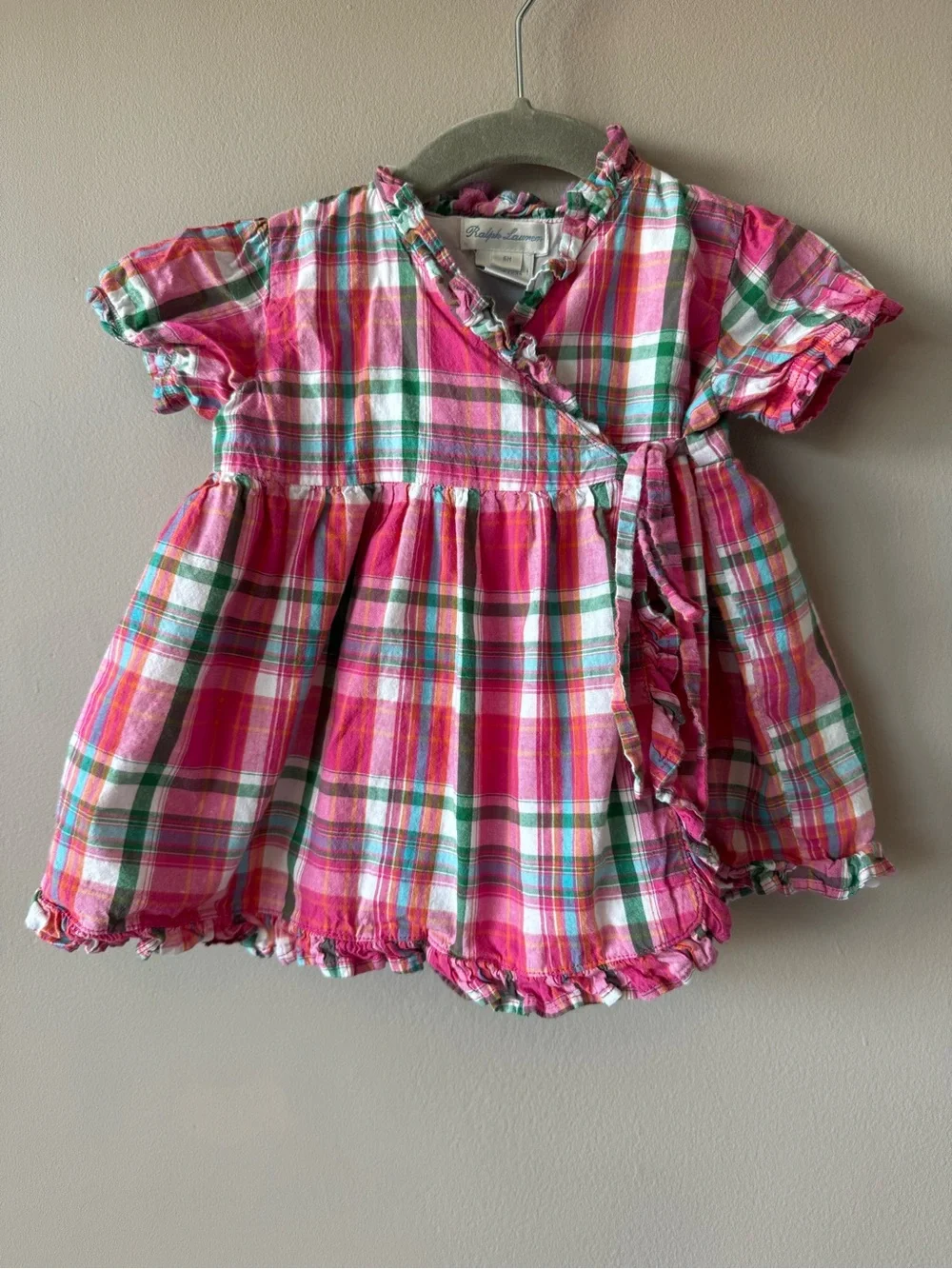 Ralph Lauren Baby Girls Pink Plaid Ruffled Wrap Dress & Bloomers Set 6 Months